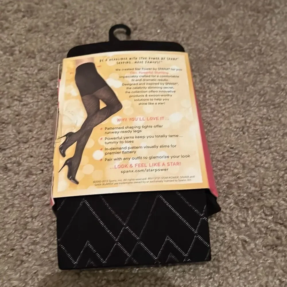 Star Power By Spanx Size B Diamond Pattern Shaping Tights Black Semi Sheer New